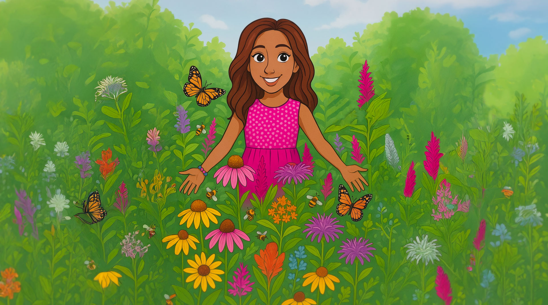 Cartoon girl in nature surrounded by flowers and greenery